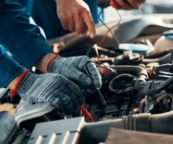 John’s Creek mechanics using multimeter tool to check voltage level of car battery