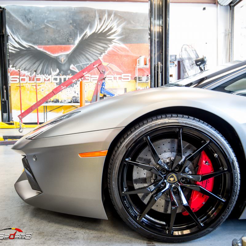 Lamborghini Aventador in for ECU Tune, carbon fiber wing install and exhaust install.