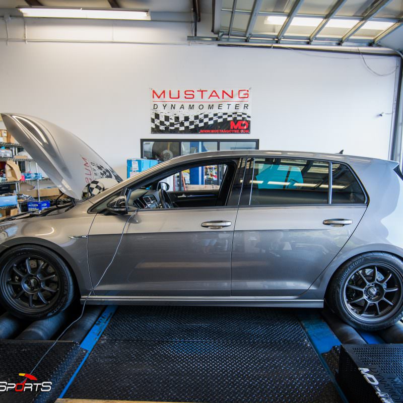 Mk7 Volkswagen Golf R Stage 3 plus in for dyno runs and electric exhaust cutouts.