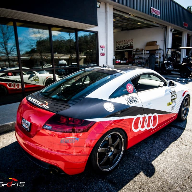 racecar audii tt quattro v6 vr6 wheels and tires suspension custom tune solo motorsports dyno 4point 6point race roll bar harness race harness rollcage sparco ttrs hotchkins raceready ttspec race spec mcs coilovers ground control camber plates track ready suspension race alignment race colors audi race wrap custom wrap