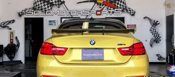 bmw m4 f82 in for power gains downpipes heat exchanger yellow bmw specialists solo motorsports custom tune sms dyno tune downpipes and csf intercooler