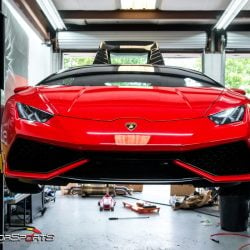 Lamborghini Huracan checked in to get custom exhaust installed. Solo motorsports custom exhaust specialists.