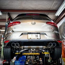 Mk7 Volkswagen Golf R Stage 3 plus in for dyno runs and electric exhaust cutouts.