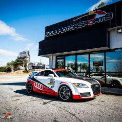 racecar audii tt quattro v6 vr6 wheels and tires suspension custom tune solo motorsports dyno 4point 6point race roll bar harness race harness rollcage sparco ttrs hotchkins raceready ttspec race spec mcs coilovers ground control camber plates track ready suspension race alignment race colors audi race wrap custom wrap