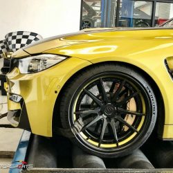 bmw m4 f82 in for power gains downpipes heat exchanger yellow bmw specialists solo motorsports custom tune sms dyno tune downpipes and csf intercooler