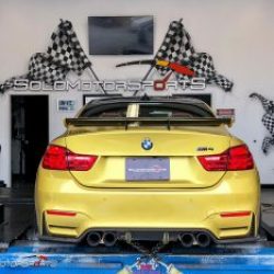 bmw m4 f82 in for power gains downpipes heat exchanger yellow bmw specialists solo motorsports custom tune sms dyno tune downpipes and csf intercooler