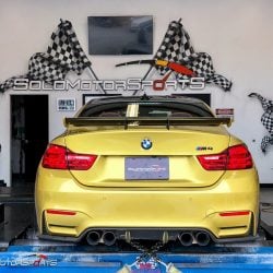 bmw m4 f82 in for power gains downpipes heat exchanger yellow bmw specialists solo motorsports custom tune sms dyno tune downpipes and csf intercooler