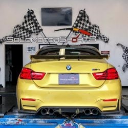 bmw m4 f82 in for power gains downpipes heat exchanger yellow bmw specialists solo motorsports custom tune sms dyno tune downpipes and csf intercooler