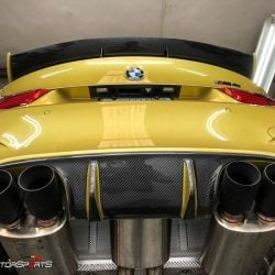 bmw m4 f82 in for power gains downpipes heat exchanger yellow bmw specialists solo motorsports custom tune sms dyno tune downpipes and csf intercooler